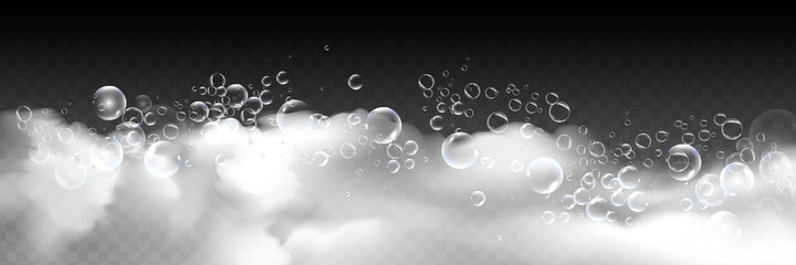 Bath foam with shampoo bubbles isolated on a transparent background. Vector shave, foam mousse with bubbles top view template for your advertising design.