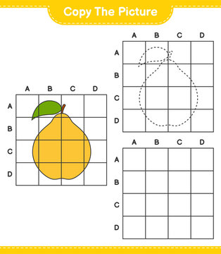 Copy the picture, copy the picture of Quince using grid lines. Educational children game, printable worksheet, vector illustration