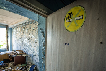 No smoking sign in Jupiter Factory, Pripyat abandoned city in Chernobyl Exclusion Zone, Ukraine