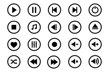 Media Player Icons set. Set of Media player icons in line style. Music, interface, design media player buttons collection.