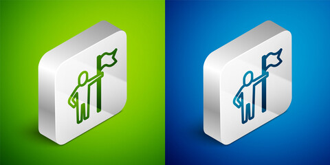 Isometric line Man holding flag icon isolated on green and blue background. Victory, winning and conquer adversity concept. Silver square button. Vector