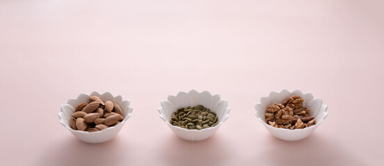 Healthy snacks. Variety of superfood: nuts, berries, grain, seed