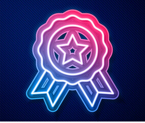 Glowing neon line Medal icon isolated on blue background. Winner symbol. Vector
