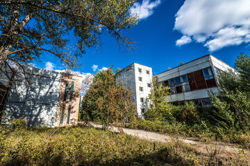 Exterior of Jupiter Factory, Pripyat abandoned city in Chernobyl Exclusion Zone, Ukraine