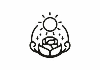 Line art illustration of rose flower and sun
