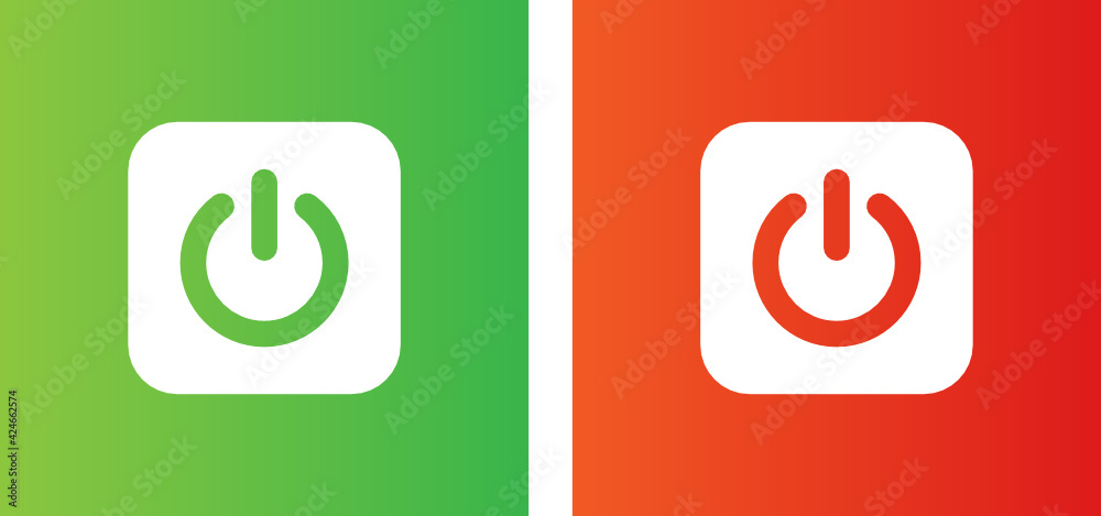 Poster power on and off, green start and red shutdown button vector icon illustration.