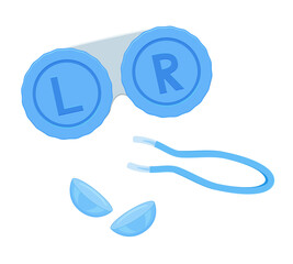 Vector illustration set for eye care. Contact lenses, container, tweezers in cartoon style. Isolated on white background
