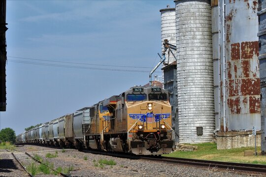 A closeup shot of a Union Pacific Train in Wilson Kansas USA that's bright and colorful.