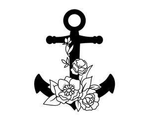 Anchor decorated with flowers. Hand drawn vector illustration in vintage style