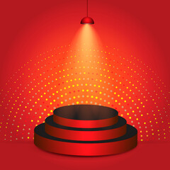 Red podium stage on dark red background with shiny gold glitters. Empty pedestal for award ceremony. Platform illuminated by spotlights. Vector illustration.