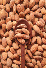 Almond nut in wooden spoon with almond background 