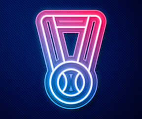 Glowing neon line Medal with baseball ball icon isolated on blue background. Winner symbol. Vector