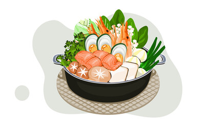 Sea food hot pot ingredients. Oyster, Salmon, lobster, tofu, mushroom, vegetables, and fishball in a pot. Isolated food vector illustration on white background.  