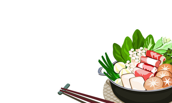 Hot pot ingredients with chopsticks. Beef, tofu, mushroom, vegetables, and fishball in a pot. Isolated food vector illustration on white background.  