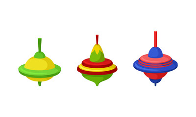 Spinning Top as Squat Toy with Sharp Point at the Bottom Vector Set