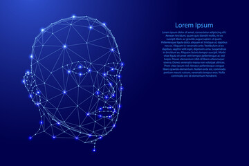 Human head, male face, from futuristic polygonal blue lines and glowing stars for banner, poster, greeting card. Vector illustration.