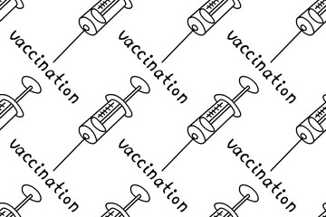 Vector seamless pattern on theme of vaccination. Contour vaccine syringes with letterings. Hand drawn black outline doodle isolated. Medical background and texture