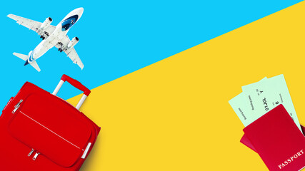 Travel banner, summer holidays, vacation concept, tourism: white airplane, blue sky, red suitcase, red passport, plane boarding pass, flight ticket, yellow background closeup top view, text copy space