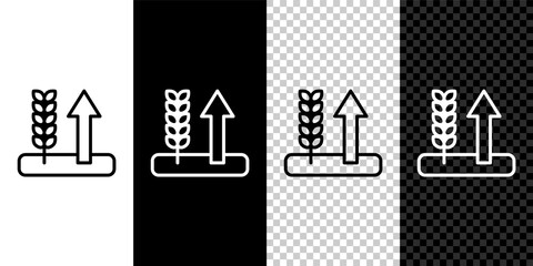 Set line Cereals set with rice, wheat, corn, oats, rye, barley icon isolated on black and white, transparent background. Ears of wheat bread symbols. Vector