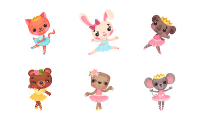 Cute Mammals with Mouse and Koala in Ballerina Dress and Crown on Head Dancing Vector Set