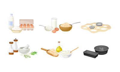 Baking Process with Herbs Pounding with Pestle and Dough Molding Using Cookware Vector Set