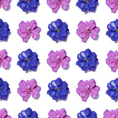 Fototapeta na wymiar Violet flower buds seamless pattern. Pink and blue flower heads bloom isolated on white pattern, pop art
