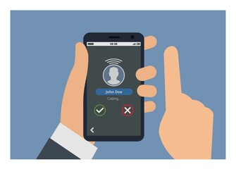 Incoming call on a smartphone. Hand holding smartphone. Simple flat illustration
