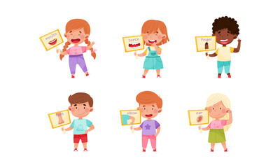 Cute Boy and Girl Character Holding Card with Body Part Picture Vector Set