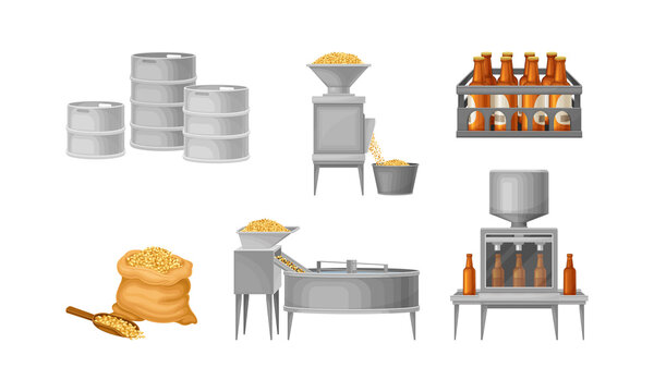 Beer Brewing Process with Steeping Cereal Grains and Bottling Vector Set