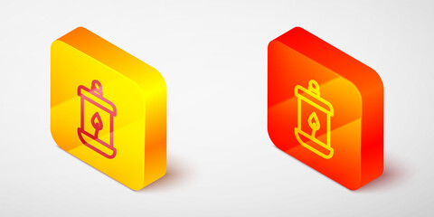 Isometric line Ramadan Kareem lantern icon isolated on grey background. Yellow and orange square button. Vector