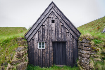 Traditional turf house in Keldur historical farm in Southern Iceland