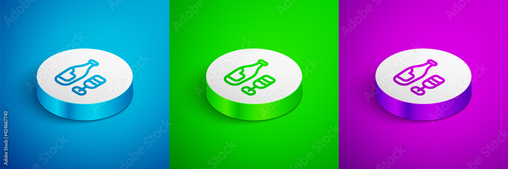 Sticker Isometric line Wine bottle with glass icon isolated on blue, green and purple background. White circle button. Vector