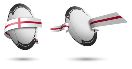 sports rugby ball in ribbons with colors of English flag. Isolated vector on white background