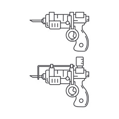 Line medical healthcare art icon set injection gun. Professional equipment symbol. Science, pharmacy, medic, chemistry background emblem element. Laboratory test. Vector medical outline illustration.