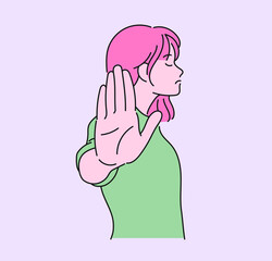 A woman is showing her palm. hand drawn style vector design illustrations. 