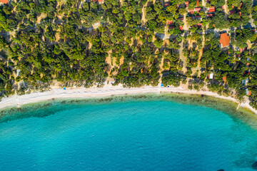 Fototapeta na wymiar Beautiful coastline on the island of Pag on Adriatic sea in Croatia, tourist resorts and beach, overhead view