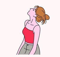 A pretty woman is looking up. hand drawn style vector design illustrations. 