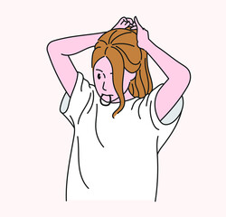 A woman is tying her long hair. hand drawn style vector design illustrations. 