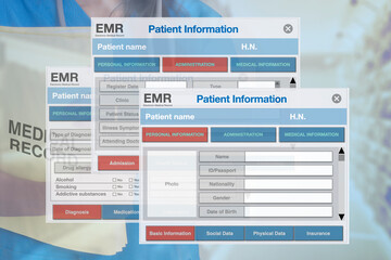 Electronic medical record screen shown for health and medical backhground.