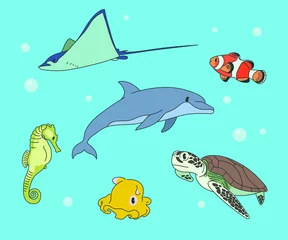 Fotobehang Various animals in the sea. hand drawn style vector design illustrations.  © MINIWIDE