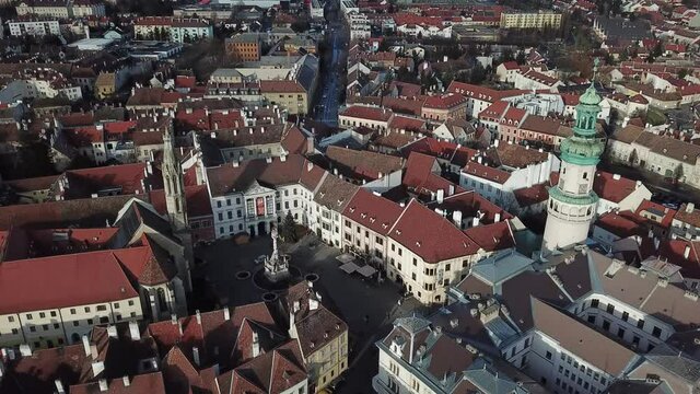 Cinematic aerial drone footage of the charming quaint historical inner city, downtown of Sopron, a major tourist destination in Győr-Moson-Sopron County, Western Transdanubia in Norhwestern Hungary