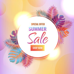 Sale Summer Banner With Palm Leaves With Gradient Mesh, Vector Illustration