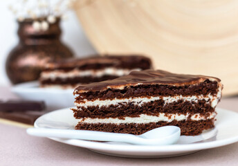 a piece of truffle or coffee cake with a cream layers closeup, elegant chocolate cake with mascarpone or curd filling