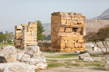 Destroyed column of old stones in ancient city of Hierapolis, Turkey.