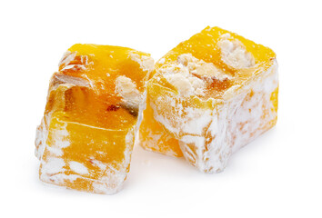 Yellow Turkish Delight sweets isolated on white