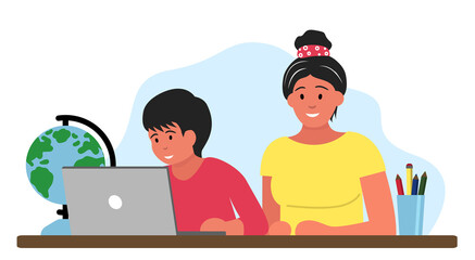 Private teacher. One to one training, boy on geography lesson. Student practice or part-time tutor for school children. Personal studying vector illustration