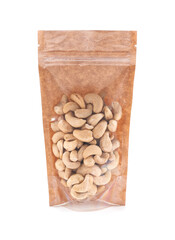 Cashews in a brown paper bag. Doy-pack with a plastic window for bulk products. Close-up. White background. Isolated. © Iurii Korolev
