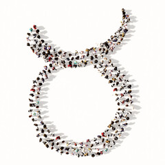 Concept or conceptual large gathering of people forming an taurus zodiac sign on white background. A 3d illustration symbol for  esoteric, the mystic, the power of prediction of astrology
