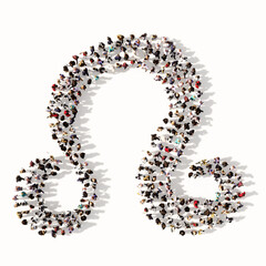 Concept or conceptual large gathering  of people forming an leo zodiac sign on white background. A 3d illustration symbol for  esoteric, the mystic, the power of prediction of astrology