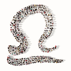 Concept or conceptual large gathering  of people forming an libra zodiac sign on white background. A 3d illustration symbol for  esoteric, the mystic, the power of prediction of astrology